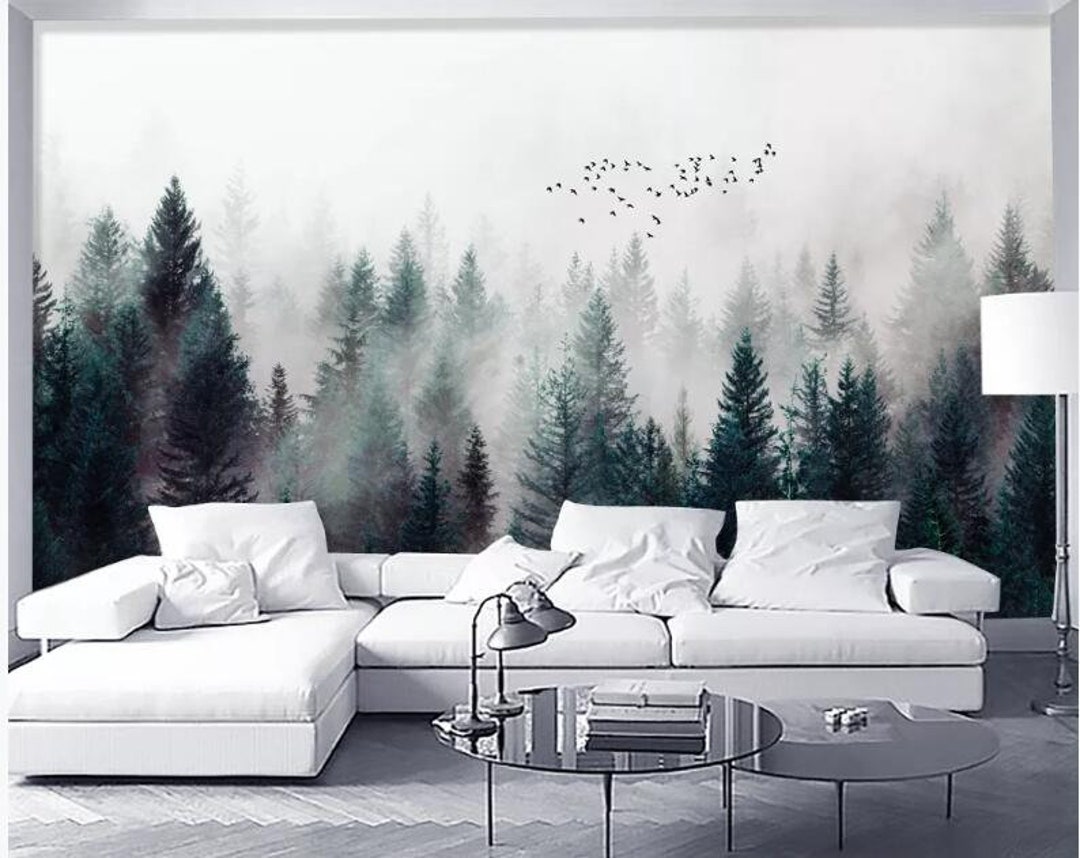 Misty Forest Scene Mural Mountain Forests Mural Forest Haze - Etsy