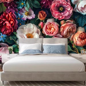Dark Background Red Pink and Champagne Roses Flowers Floral Wallpaper Wall Mural Home Decor