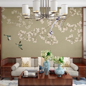 Chinoiserie Magnolia Tree Wallpaper: Flying Birds Wall Mural