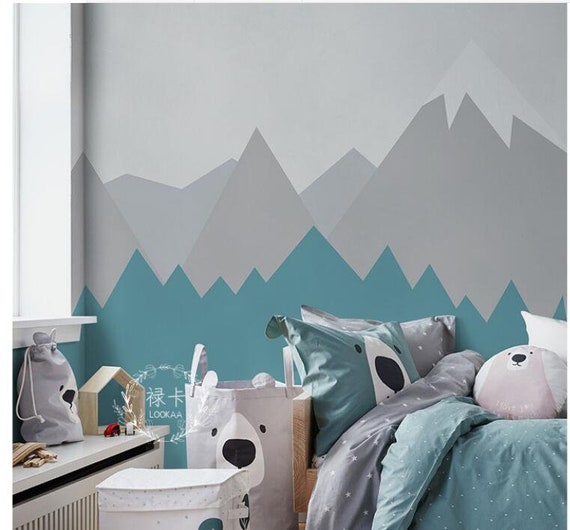 Green and Grey Mountains Wall Mural Wallpaper Geometry | Etsy
