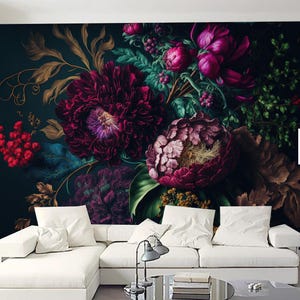 Dark Background Wine Red Peony Flowers Floral Wallpaper Wall Mural Home Decor