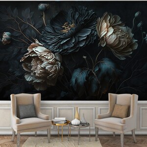 Dark Background Big Peony Flowers Floral Wallpaper Wall Mural Home Decor