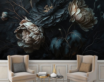 Peut inclure: Un papier peint floral bleu foncé et beige avec une ambiance vintage. Le papier peint présente de grandes fleurs et feuilles stylisées dans une palette de couleurs bleu foncé et beige. Le papier peint est parfait pour ajouter une touche d'élégance et de sophistication à n'importe quelle pièce.