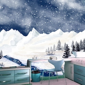 Winter Snow Mountain Pine Tree Wallpaper Mural: Kids&#39; Room Decor
