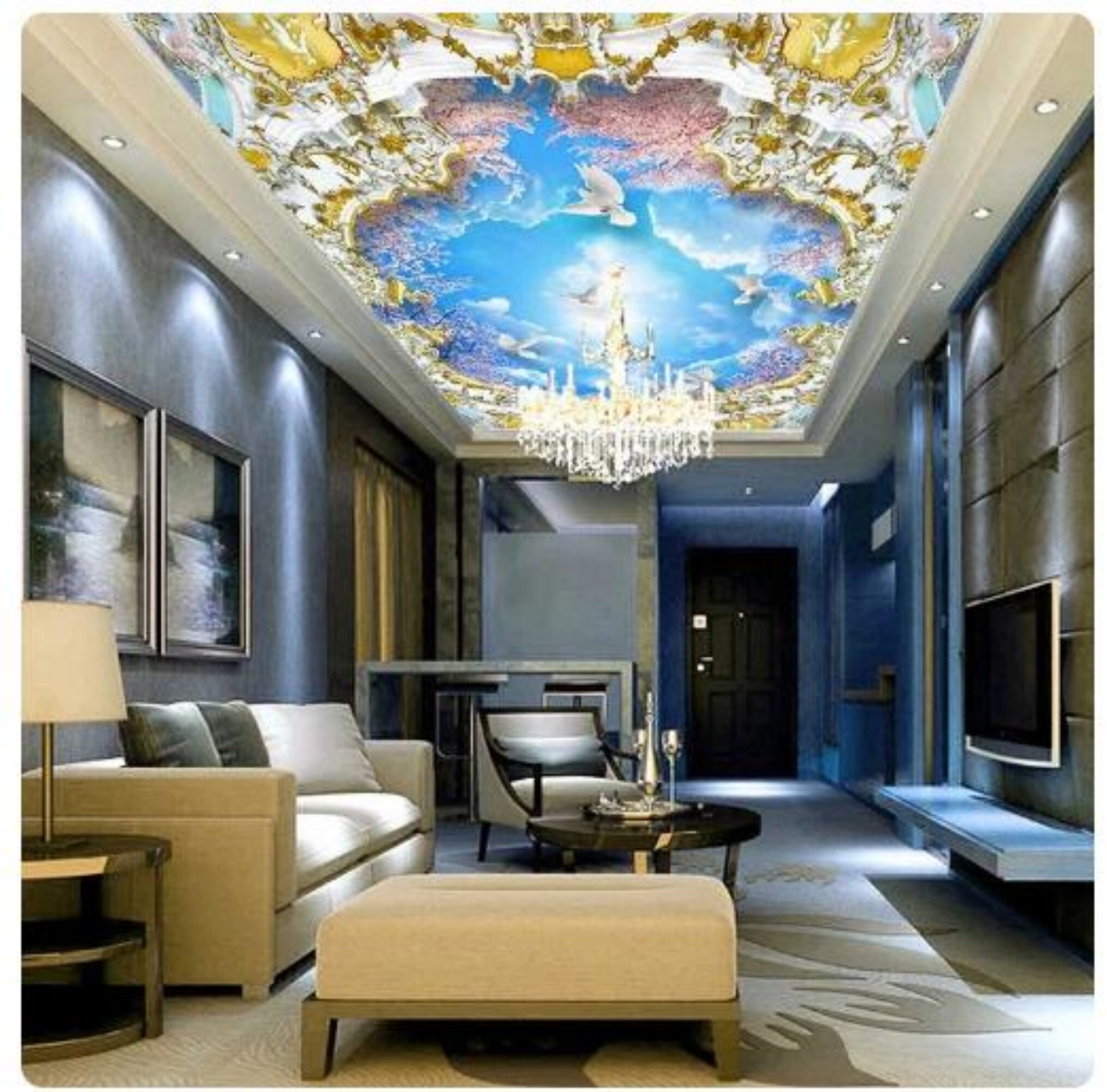 Custom Ceiling Mural Wallpaper 3D Blue Sky And White Clouds
