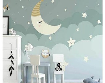 Custom Wallpaper Wall Covering Cartoon Stars Moon Clouds Children Room Babies Bedroom Background Wall Decoration Mural