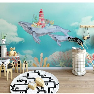 Hand-painted Cartoon Two Sharks Nursery Wallpaper, Lovely Shark with Blue Sky and White Clouds Baby' Room Kids' Room Wall Murals Wall Decor