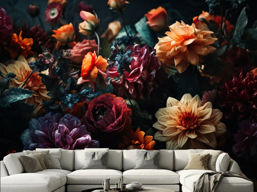 Dark Floral Wallpaper Mural: Rose Flower Wall Decor - Etsy