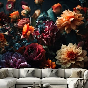 Dark Floral Wallpaper Mural: Rose Flower Wall Decor - Etsy