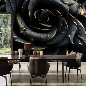 Black Rose Floral Wallpaper Mural: Dark Home Decor