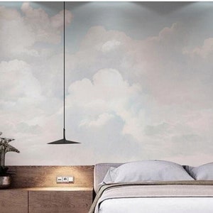 Skye Blue Light White Clouds Wallpaper, Simple Nature Clouds Wall Murals Wall Decor for Living or Dinning Room image 2