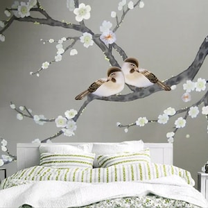Chinoiserie Magnolia Blossom Wallpaper Mural: Vivid Birds Home Decor