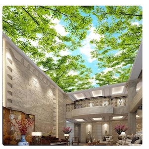 Blue Sky Green Leaf Ceiling Mural: Living Room Wallpaper