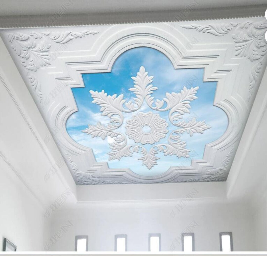 3D White Plaster European Style Blue Sky Ceiling Background Wallpaper ...