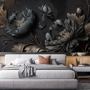 Dark Background Black Blooming Flowers Peony Floral Wallpaper Wall Mural Home Decor