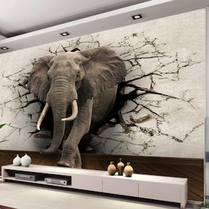 Oil Painting Huge Elephant Wallpaper, Hand Painted 3D Brick Elephant Wall Murals Wall Decor for Living or Dinning Room