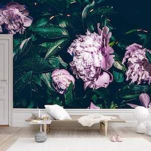 Peony Floral Wallpaper Mural: Dark Background Home Decor