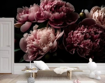 Pink Peony Floral Wallpaper Mural: Dark Background Wall Decor
