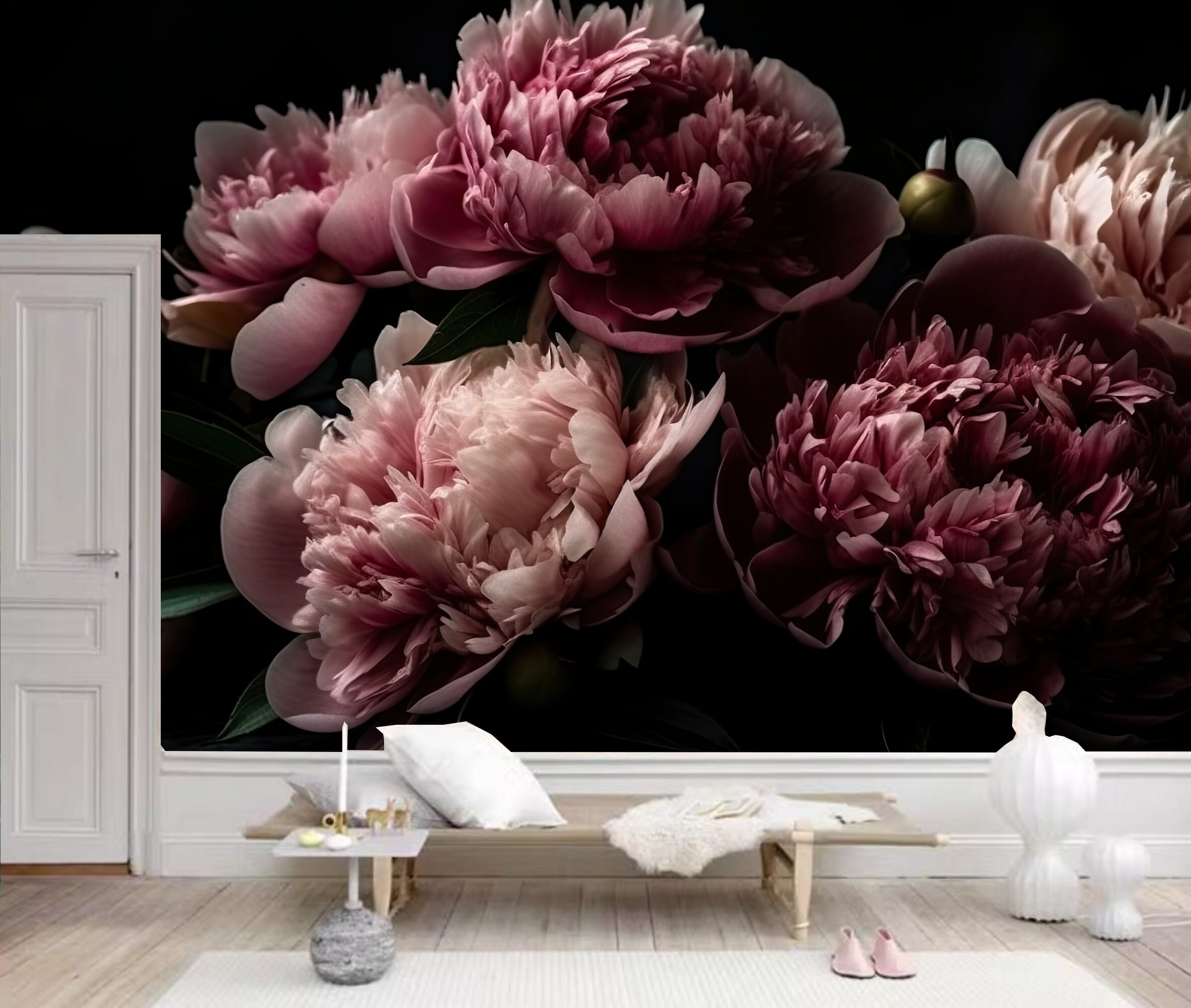 Pink Peony Floral Wallpaper Mural: Dark Background Wall Decor - Etsy