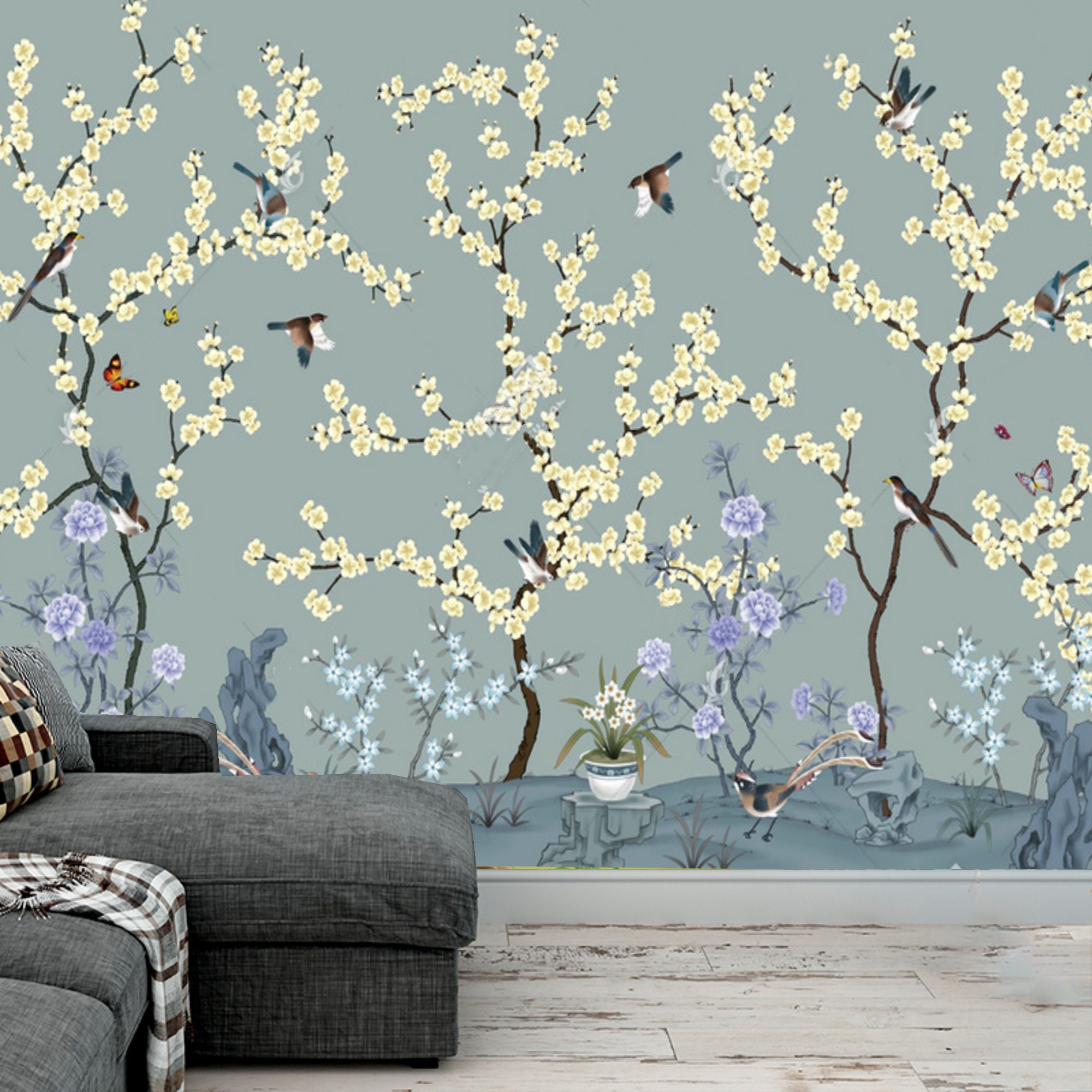 Chinoiserie Cherry Blossom Bird Wallpaper Mural - Etsy