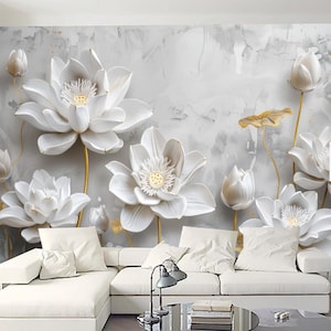 Papel tapiz de pared con diseño floral de loto y flores grandes blancas, decoración del hogar para sala de estar, dormitorio y comedor