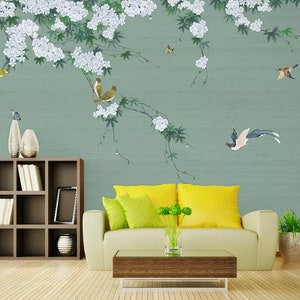 Chinoiserie Hanging Cherry Tree Wallpaper, Flying Birds Home Decor Wall ...