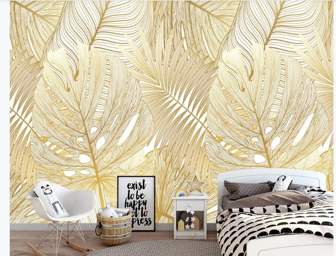 Tropical Rain Forest Gold Leaves Wall Mural, Tropical Banana Leaves