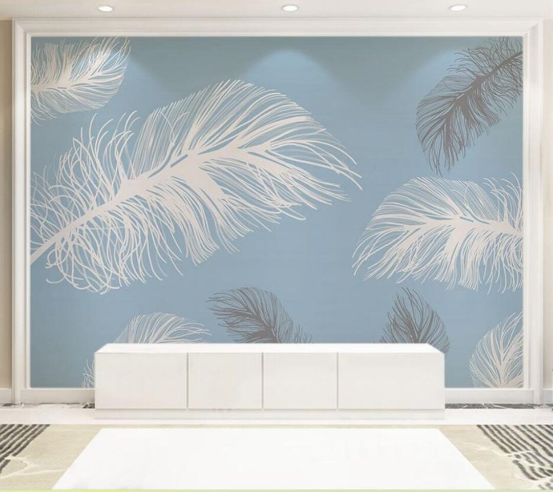 Blue Background White Feathers Wallpaper Wall Mural Home Decor Etsy