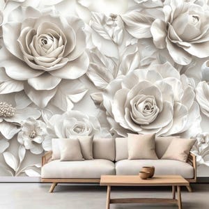 3D White Roses Flowers Floral Wallpaper Wall Mural Home Decor