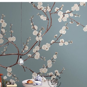Chinoiserie Hanging Plum Tree Wallpaper, Flying Birds and Plum Flowers Home Decor Wall Murals for Living or Dinning Room