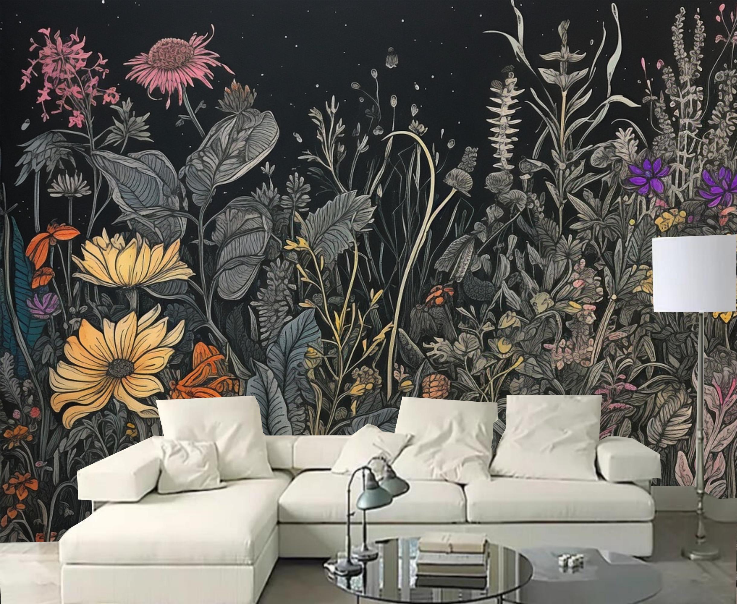 Dark Background Wildflowers Floral Wallpaper Wall Mural Wall Decor - Etsy