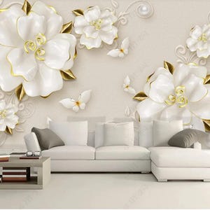 Papier peint 3D à grandes fleurs, décorations murales 3D de fleurs blanches pour chambre à coucher et salon