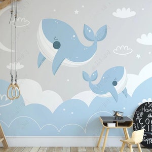 Decorazione murale della carta da parati della stanza dei bambini della stanza dei bambini del delfino del fumetto del cielo stellato della nuvola