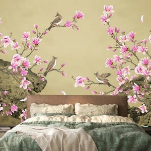 Chinoiserie Magnolia Tree Wallpaper Mural: Pink Floral Bird Wall Decor