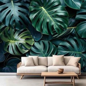 Green Monstera Leaves Wall Decor Wallpaper Wall Mural