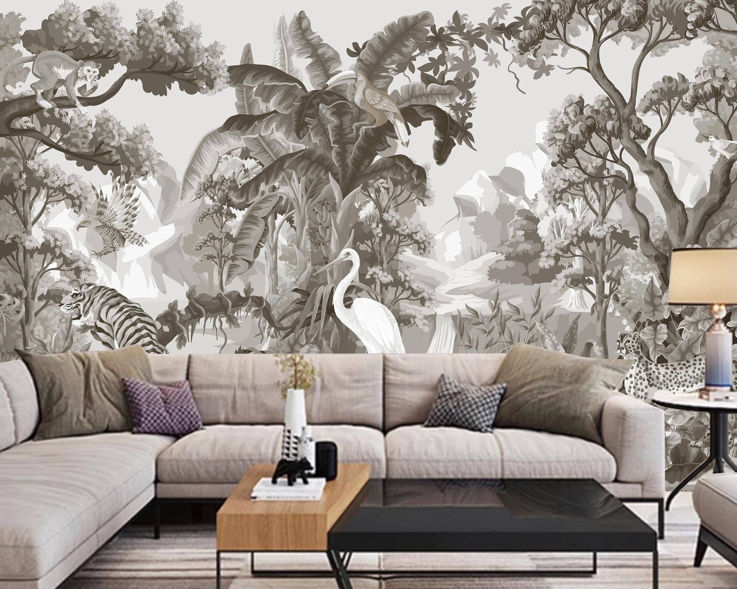 Tropical Rainforest Wallpaper Mural: Grey Banana Leaf Jungle
