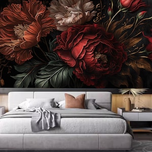 Dark Background Red Blooming Peony Flowers Floral Wallpaper Wall Mural Wall Decor