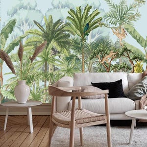 Tropical Jungle Wallpaper Mural: Monkeys & Tiger, Green Trees