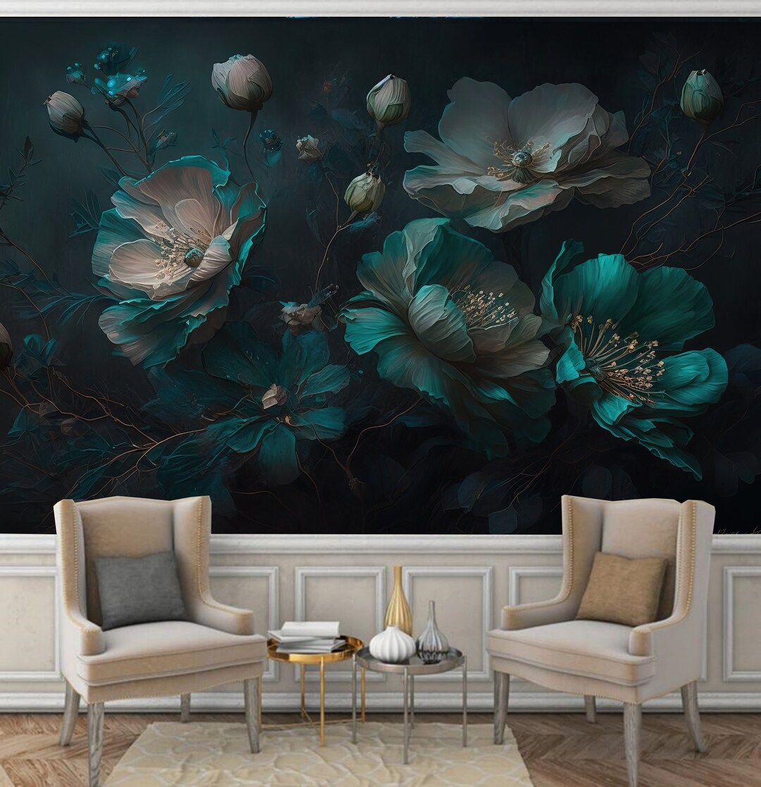 Dark Floral Peony Wallpaper Mural: Blue Flower Wall Decor - Etsy