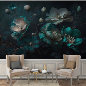 Dark Floral Peony Wallpaper Mural: Blue Flower Wall Decor
