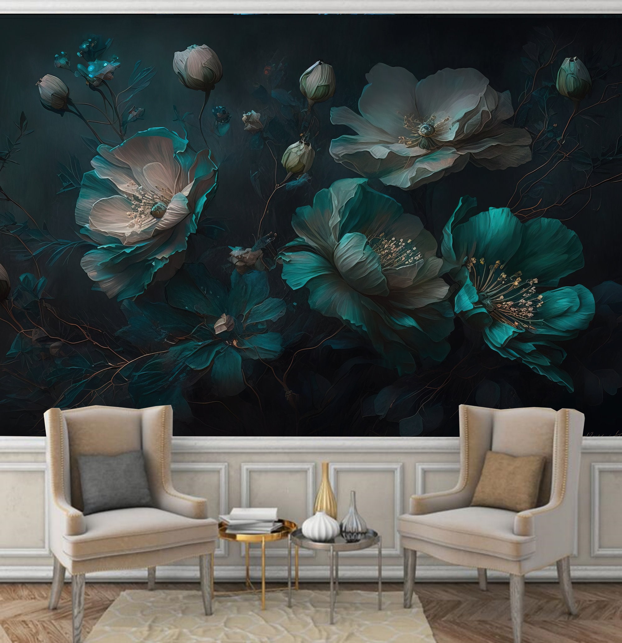 Dark Floral Peony Wallpaper Mural: Blue Flower Wall Decor - Etsy
