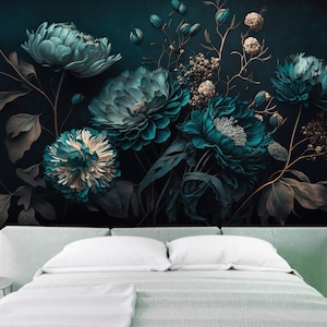 Blue Peony Flower Wallpaper Mural: Dark Brown Bedroom Wall Decor