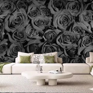 Dark Floral Rose Wallpaper Mural: Grey Flower Wall Decor