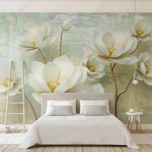3D Hanging White Big Flower Wallpaper, 3D Embossed Flower Wall Murals Wall Decor for Living or Dinning Room