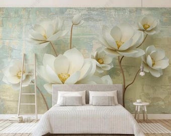 3D White Flower Wall Mural: Embossed Floral Wallpaper Decor