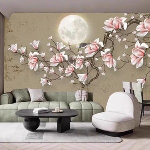 Chinoiserie Hanging Pink Magnolia Tree with Flying Birds Wallpaper Wall Mural Home Decor for Living Room Bedroom DInning Room
