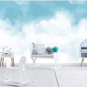 Sky Blue Clouds Wallpaper: Hand-Painted Wall Mural