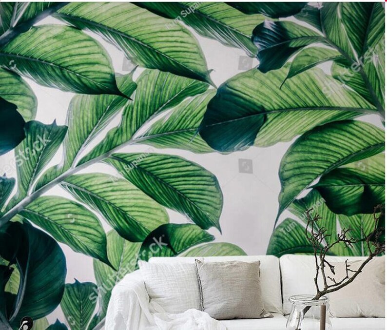 Handpainted Banana Leaves Wallpaper Wall Mural Dark Green Etsy