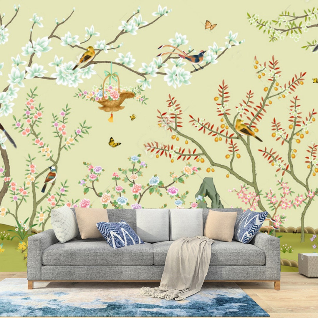 Chinoiserie Cherry Blossom Wallpaper Mural: Birds & Vine Home Decor - Etsy