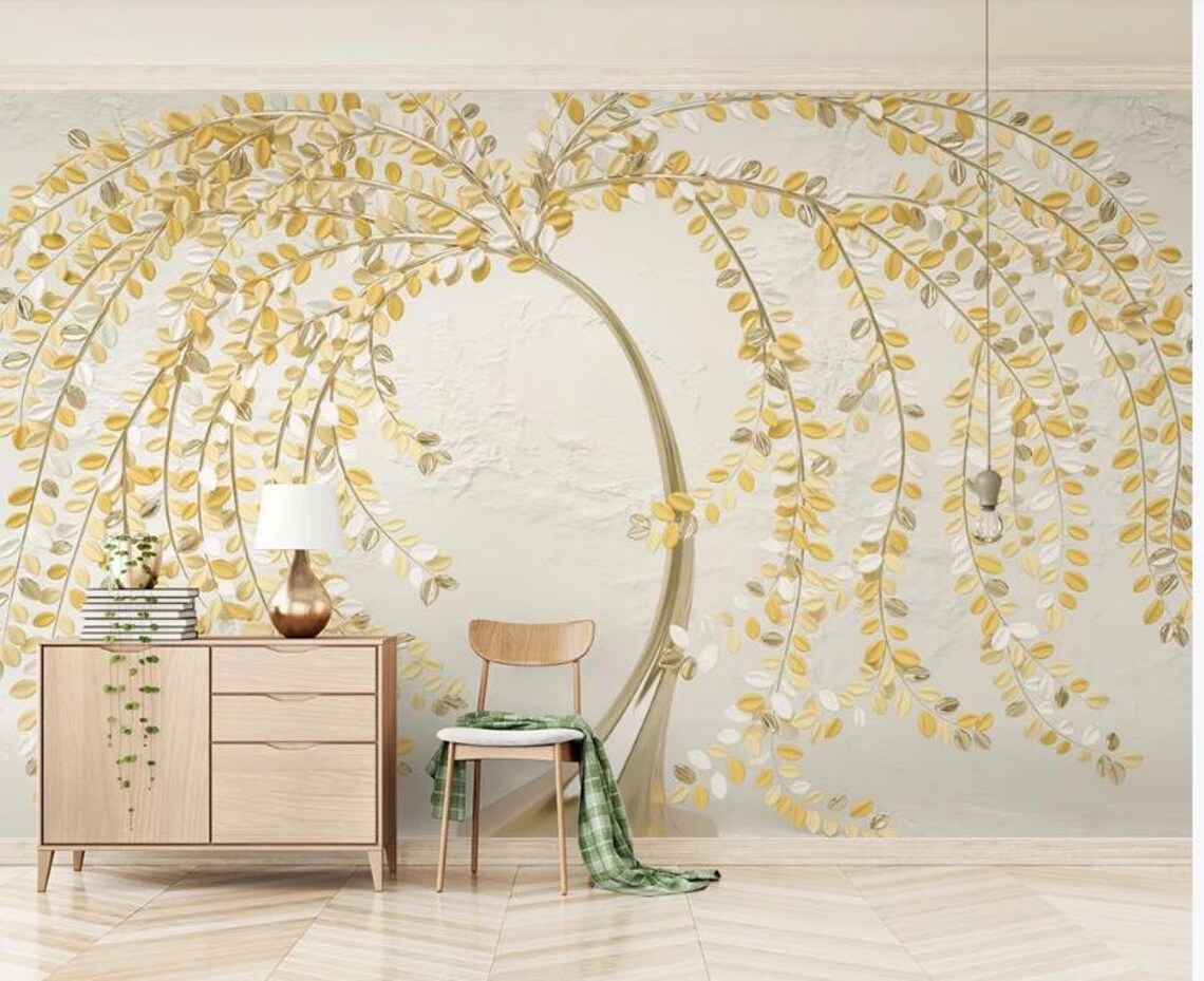3D European Stereoscopic Embossed Gold Huge Tree Wallpaper Etsy
